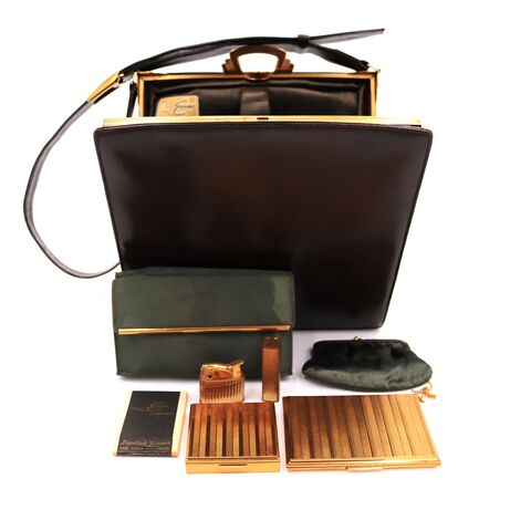 Vintage,50s,-,EVANS,ELEGANCE,Dark,Brown,Leather,Shoulder,Bag,RARE,Mid,Century,Evans Elegance, 50s, dark brown, vintage handbag, vintage shoulder bag, leather, coin purse, compact, lipstick, lighter, cigarette case, satin, 