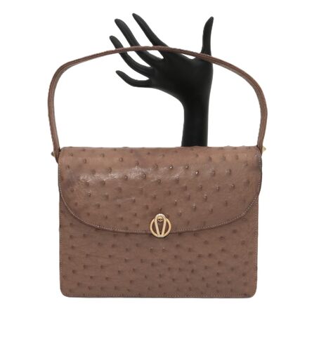 Vintage,50s-60s,-,BELLESTONE,Small,Brown,Ostrich,Structured,Handbag,MCM,Bellestone, ostrich, skin, vintage handbag, vintage purse, gold, leather, structure, brown, mid century