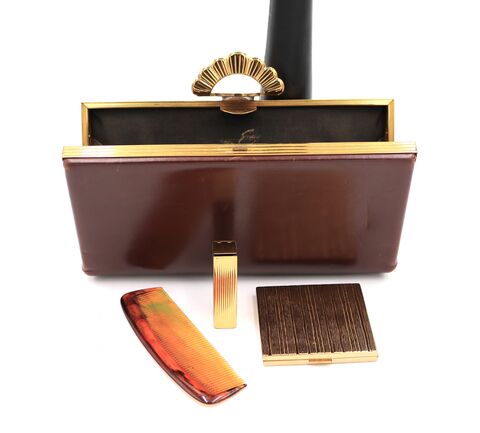 Vintage,40s-50s,-,EVANS,ELEGANCE,Mahogany,Brown,Leather,Fitted,Clutch,Handbag,Evans Elegance, 40s, 50s, brown, fitted, clutch, vintage handbag, leather, comb, compact, lipstick