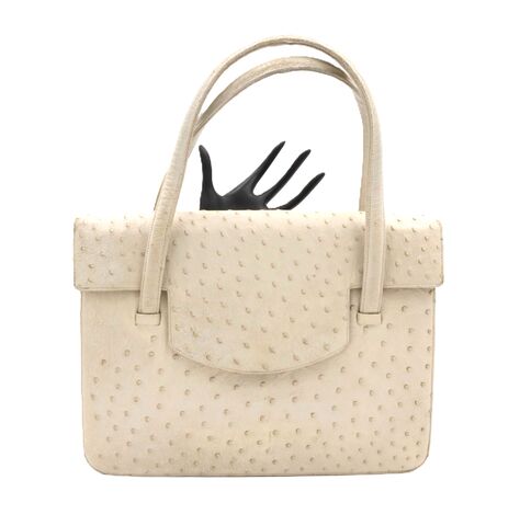 Vintage,-,RENDL,Off,White/Tan,Ostrich,Skin,Handbag,Purse,Mid,Century,-50s-60s,Rendl, ostrich skin, vintage handbag, vintage purse, 50s, 60s, leather, off white, tan, mid century, retro