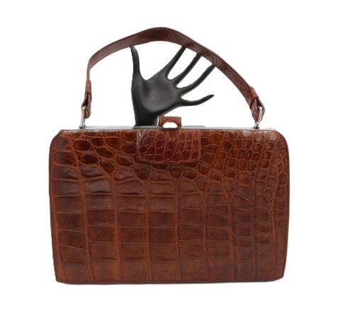 Vintage,50s-60s,-,REPTILE,HOUSE,Brown,Structured,Alligator,Handbag,Mid,Century,Reptile House, alligator, crocodile, vintage handbag, vintage purse, 50s, 60s, structured, brown, suede, leather, tan, mid century