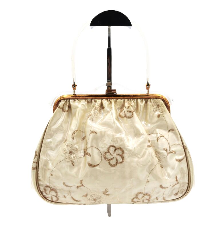 Vintage 60s Vinyl Covered Satin Embroidery Lucite Handle Handbag - Mid Century - product images  of 