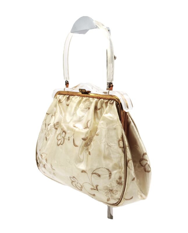 Vintage 60s Vinyl Covered Satin Embroidery Lucite Handle Handbag - Mid Century - product images  of 