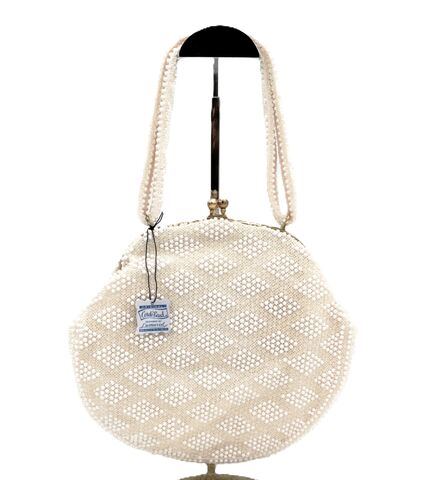 Vintage,Creamy,-,LUMURED,Cordé,Bead,Handbag,Mirror,Coin,Purse,NOSWT,Lumered, bead, vintage handbag, vintage purse, Cordé, creamy, white, mirror, coin purse, mid century