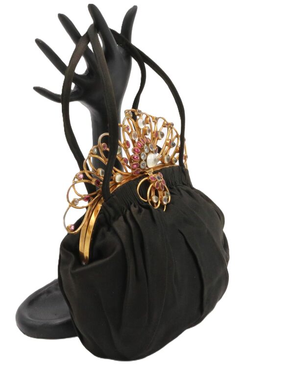 Vintage - REDISCH BAGS - Black Satin - HOBE' - Jewel Set Frame Handbag - Mid Century - product images  of 