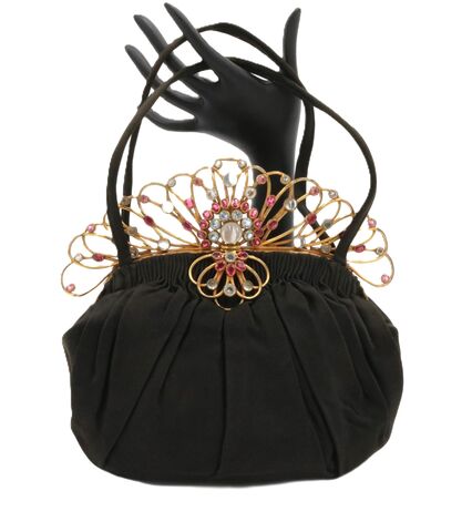 Vintage,-,REDISCH,BAGS,Black,Satin,HOBE',Jewel,Set,Frame,Handbag,Mid,Century,Redisch Bags, Hobe', vintage handbag, vintage purse, black, satin, gold, filigree, bezel, rhinestone, mid century, retro, 40s, 50s