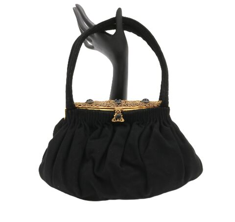 Vintage,-,GUILD,ORIGINAL,Black,Wool,Gold,Framed,Handbag,Mid,Century,Guild Original, vintage handbag, vintage purse, black, wool, satin, gold, filigree, cabochons, mid century, retro, 40s, 50s