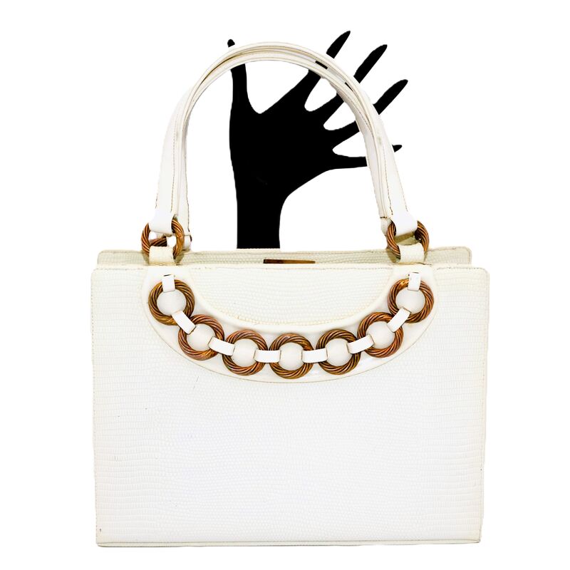 Small 50s-60s - MARTIN VAN SCHAAK - White Double Handled LIZARD Skin Handbag - product images  of 