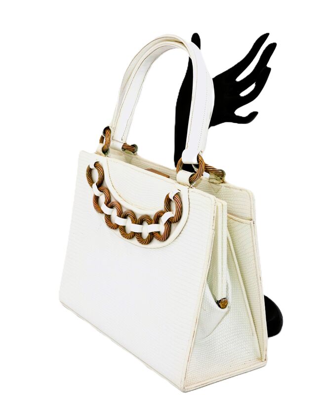 Small 50s-60s - MARTIN VAN SCHAAK - White Double Handled LIZARD Skin Handbag - product images  of 