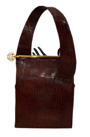 Vintage,-,KORO,CREATION-,Brown,LIZARD,Skin,Structured,Handbag,RARE,Mid,Century,Koro creation, lizard,  vintage handbag, vintage purse, brown, leather, structured, coin purse, orange, mid century modern, MCM, retro