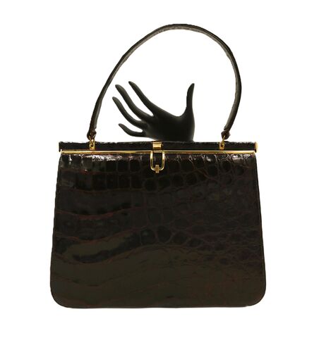 Vintage,-,BELLESTONE,50s-60s,ALLIGATOR,Brown,Structured,Handbag,Mid,Century,Bellestone, alligator, crocodile, vintage handbag, vintage purse, brown, beige, leather, 50s, 60s, mid century