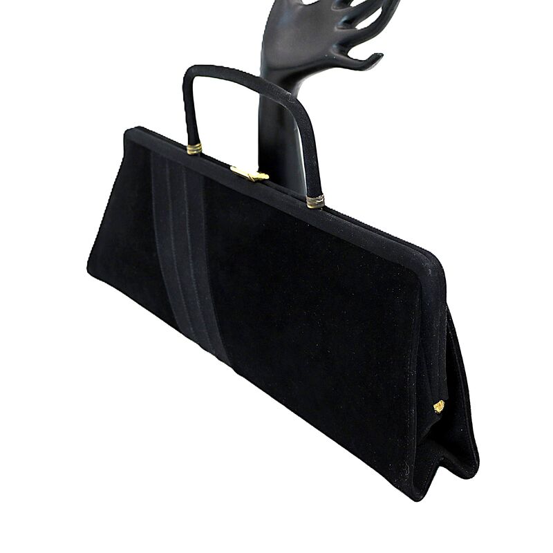 Vintage 50s-60s - PRETTY - Oblong Black Velvet Structured Clutch Handbag - Mid Century - - product images  of 