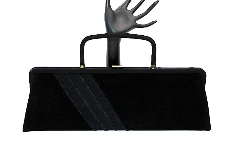 Vintage 50s-60s - PRETTY - Oblong Black Velvet Structured Clutch Handbag - Mid Century - - product images  of 