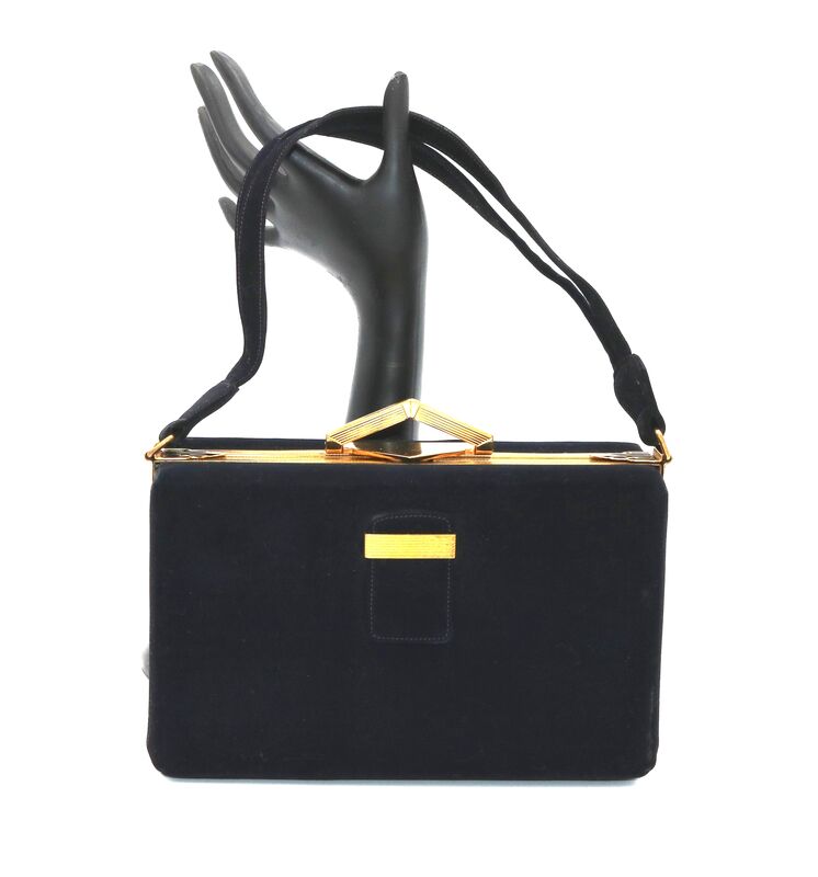 Vintage 50s - EVANS ELEGANCE - Black Suede Like Boxy Handbag Satchel - Mid Century - - product images  of 