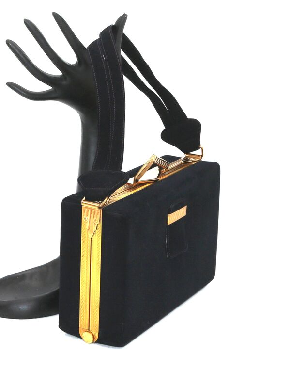 Vintage 50s - EVANS ELEGANCE - Black Suede Like Boxy Handbag Satchel - Mid Century - - product images  of 