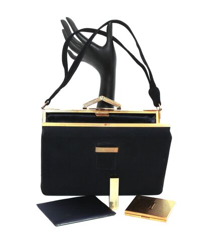 Vintage,50s,-,EVANS,ELEGANCE,Black,Suede,Like,Boxy,Handbag,Satchel,Mid,Century,Evans Elegance, vintage handbag, vintage purse, 50s, black, suede, compact, mirror, lipstick, box, gold, satchel, mid century