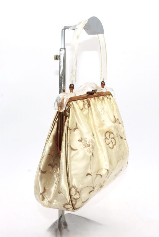 Vintage 60s Vinyl Covered Satin Embroidery Lucite Handle Handbag - Mid Century - product images  of 