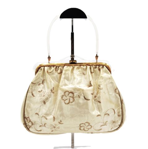 Vintage,60s,Vinyl,Covered,Satin,Embroidery,Lucite,Handle,Handbag,-,Mid,Century, vintage handbag, vintage purse, satin, lucite, embroidery, mid century, retro, gold, peach, 60s