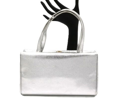 Vintage,Small,-,MISS,LEWIS,Leather,Silver,Toned,Handbag,Mid,Century,Miss Lewis, vintage handbag, vintage purse, silver, leather, satin, retro, 50s, 60s, mid century, rhinestone, plastic