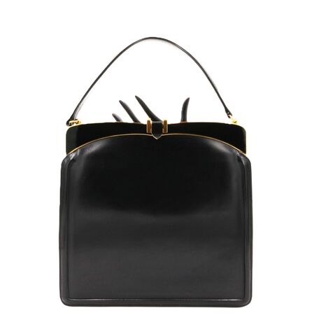 Vintage,ROSENFELD,Black,Leather,Structured,Handbag,-,Mid,Century,Rosenfeld, vintage handbag, vintage purse, leather, fabric, black, mid century, retro, structured