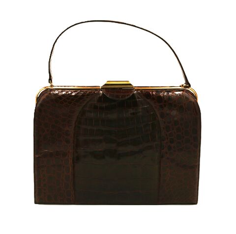 Vintage,Large,-,DEITSCH,Brown,Structured,Alligator,Handbag,Mid,Century,Deitsch, alligator, vintage handbag, vintage purse, crocodile, leather, structure, orange, mid century, retro, art deco
