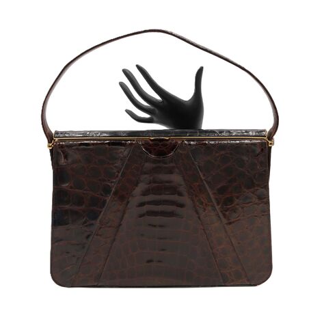 Vintage,Brown,-,DEITSCH,Structured,Alligator,Handbag,Mid,Century,Deitsch, vintage handbag, alligator, crocodile, purse, brown, leather, burnt orange, mid century