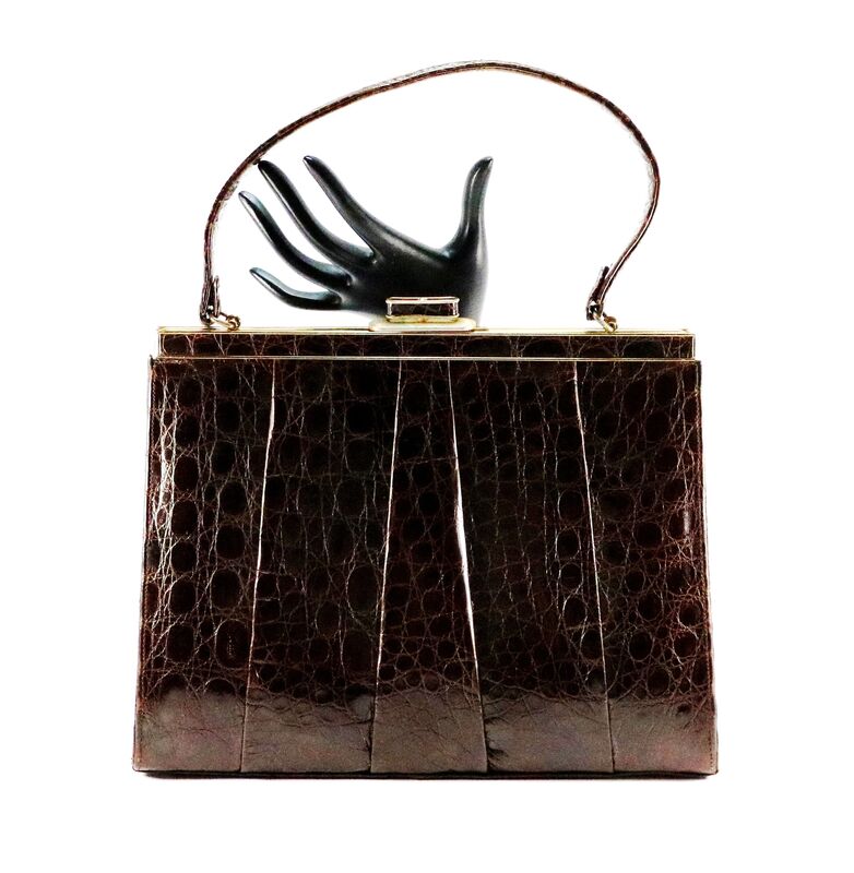 Vintage 50s-60s Brown Pleated - ALLIGATOR - Structured Handbag - Mid Century - - product images  of 