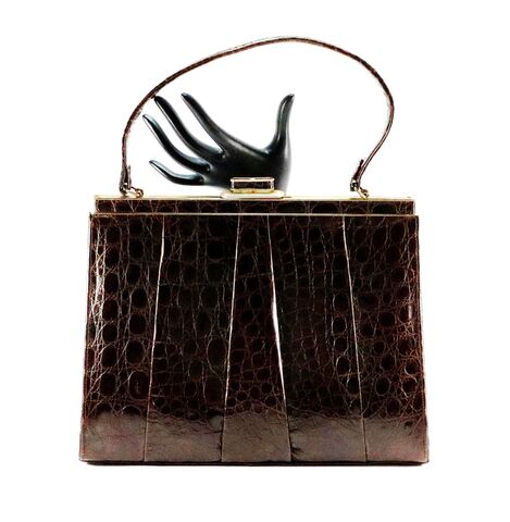 Vintage,50s-60s,Brown,Pleated,-,ALLIGATOR,Structured,Handbag,Mid,Century,Alligator, vintage handbag, vintage purse, brown, leather, structured, mid century, 50s, 60s, tan