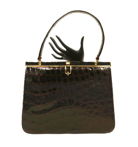 Vintage,-,BELLESTONE,50s-60s,ALLIGATOR,Brown,Structured,Handbag,Mid,Century,Bellestone, alligator, crocodile, vintage handbag, vintage purse, brown, beige, leather, 50s, 60s, mid century