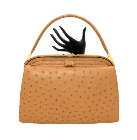 Vintage,-,LORENZI,Tan,OSTRICH,SKIN,Dome,Handle,Handbag,Lorenzi, ostrich, skin, vintage handbag, vintage purse, tan, leather, gold