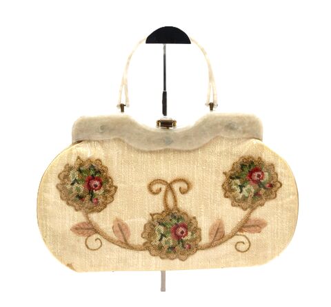 Vintage,Large,-,CLAIRE,FASHIONS,Vinyl,Covered,Floral,Lucite,Handle,Handbag,Mid,Century,Claire Fashions, vintage handbag, vintage purse, vinyl, lucite, applique, floral, fabric, mid century, green, 50s