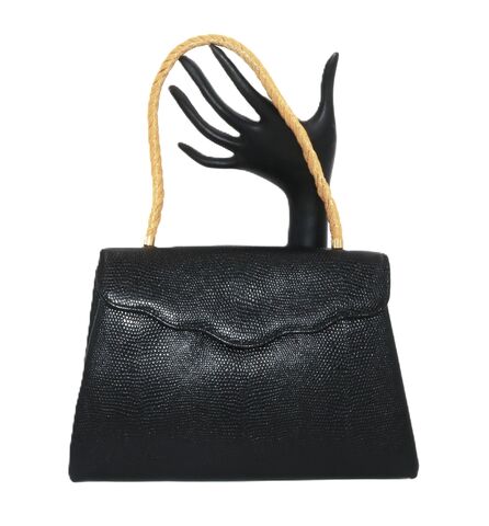 Vintage,-,KORO,CREATION,Small,Black,Leather,Lizard,Embossed,Handbag,Mid,Century,Koro, vintage handbag, vintage purse, black, lizard, leather, fabric, mid century, gold
