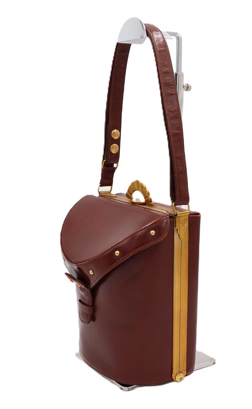 Vintage 50s - EVANS ELEGANCE - Brown Leather Barrell Boxy Fitted Shoulder Bag - RARE - - product images  of 