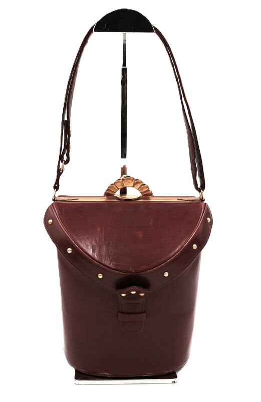 Vintage 50s - EVANS ELEGANCE - Brown Leather Barrell Boxy Fitted Shoulder Bag - RARE - - product images  of 
