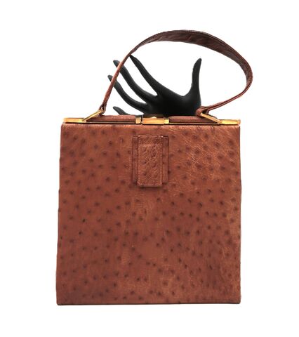 Vintage,50s-60s,-,FASSBENDER,Tan,OSTRICH,Structured,Handbag,England,Fassbender, ostrich, vintage handbag, vintage purse, 50s, 60s, tan, leather, suede, coin purse, structure, mid century, 