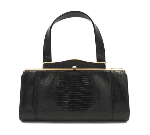 Vintage,50s-60s,-,ESCORT,Black,LIZARD,Barrel,Handbag,Mid,Century,Escort, lizard, vintage handbag, vintage purse, 50s, 60s, black, barrel, leather, gold, beige, mid century modern, structure