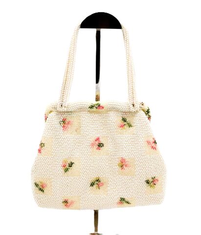 Vintage,Double,Handle,-,LUMURED,Beaded,Handbag,Mid,Century,Lumured, bead, vintage handbag, vintage purse, white, pink, MCM, green, retro, 60s, 50s, mid century, fabric, cloth