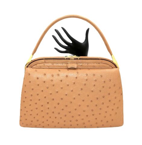 Vintage,-,LORENZI,Tan,OSTRICH,SKIN,Dome,Handle,Handbag,Lorenzi, ostrich, skin, vintage handbag, vintage purse, tan, leather, gold