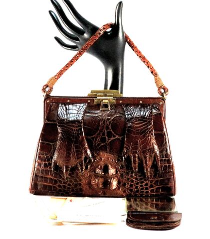 Antique,Small,Hornback,-,ALLIGATOR,Handbag,With,Claws, alligator handbag, alligator purse, brown, coin purse, mirror, vintage handbag, edwardian