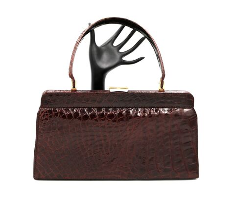 Vintage,50s-60s,-,COBLENTZ,Brown,Structured,ALLIGATOR,Skin,Handbag,Coblentz, alligator, crocodile, vintage handbag, vintage purse, 50s, 60s, brown, leather, gold, mid century modern, metal, 