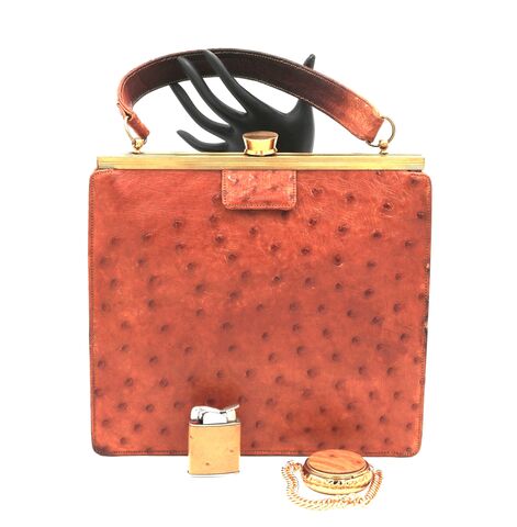 Vintage,50s,-,EVANS,ELEGANCE,OSTRICH,Skin,Handbag,Rare,Evans elegance, ostrich skin, vintage handbag, vintage purse, tan, compact, lighter, 50s, MCM, mid century modern, leather