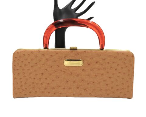 Vintage,-,STYLEMARK,Tan,Embossed,Ostrich,Plastic,Bakelite,Handle,Handbag,Mid,Century,Stylemark, vintage handbag, vintage purse, vintage clutch, tan, ostrich, brown, fabric, mid century, retro