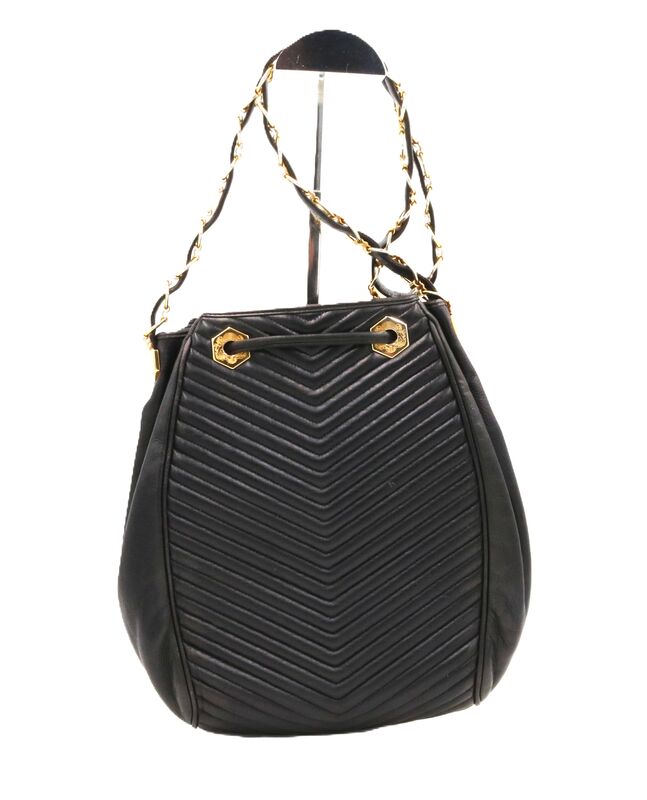 Vintage - REVILLON - Black Leather Drawstring Shoulder Bag - Paris France - product images  of 