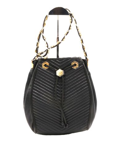 Vintage,-,REVILLON,Black,Leather,Drawstring,Shoulder,Bag,Paris,France,Revillon, vintage handbag, vintage purse, vintage shoulder bag, leather, black, fabric, retro, gold, Paris, France