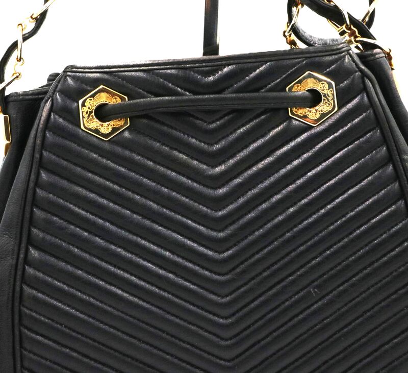 Vintage - REVILLON - Black Leather Drawstring Shoulder Bag - Paris France - product images  of 