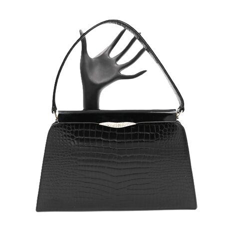 Vintage,-,LEWIS,Black,Alligator,Embossed,Patent,Leather,Handbag,Mid,Century,Lewis, crown, vintage handbag, vintage purse, alligator, patent leather, silver, black, rhinestone, mid century
