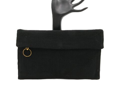 Vintage,Small,-,MONARCH,Black,Genuine,CORDE,Clutch,Handbag,40s,Corde, Monarch, black, vintage handbag, vintage purse, vintage clutch, fabric, grey, 40s, gold