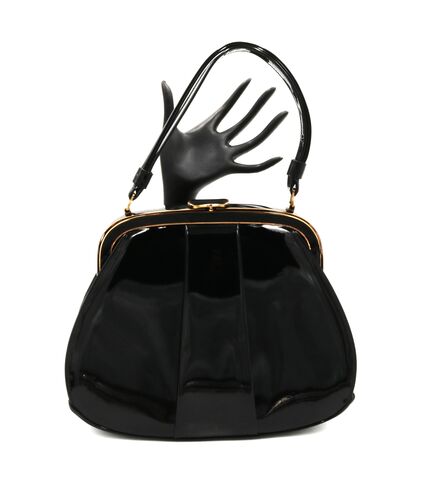 Vintage,-,LEWIS,Black,Patent,Leather,Handbag,Mid,Century,Lewis, vintage handbag, vintage purse, patent leather, gold, black, top handle, satin, mid century