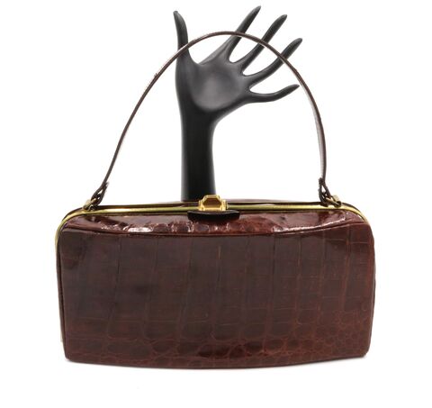 Vintage,Brown,-,DEITSCH,Oblong,Structured,Alligator,Handbag,Mid,Century,Deitsch, alligator, vintage handbag, vintage purse, crocodile, leather, structure, brown, mid century, retro, art deco