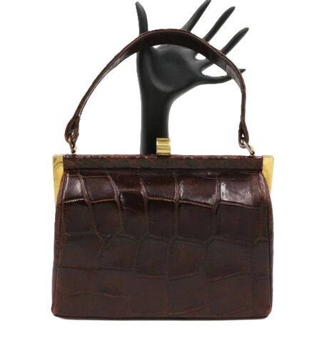 Vintage,50s-60s,-,MAJOR,Small,Brown-,ALLIGATOR,Skin,Structured,Handbag,Major, alligator, vintage handbag, vintage purse, gold, leather, structure, tan, mid century, 50s, 60s
